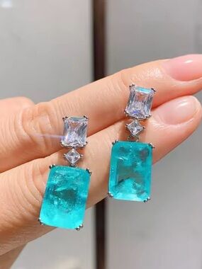NEW Paraiba Tourmaline CZ Rectangle Emerald Cut Drop Earrings